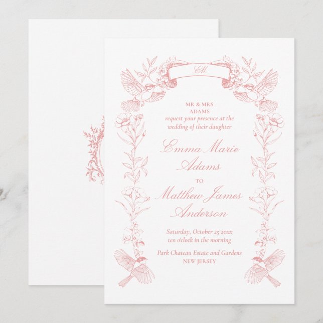 Convite Casamento com Chinoiserie Floral Rosa (Frente/Verso)