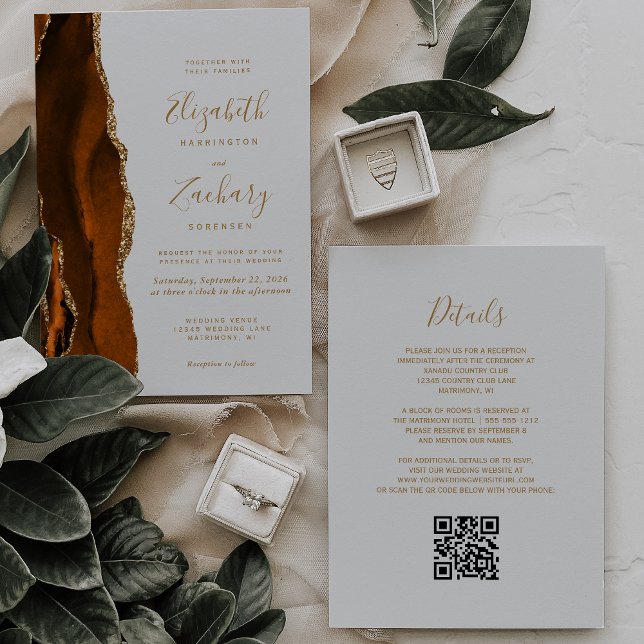 Convite Casamento com Cinza de Código QR de Agate Dourado  (Criador carregado)