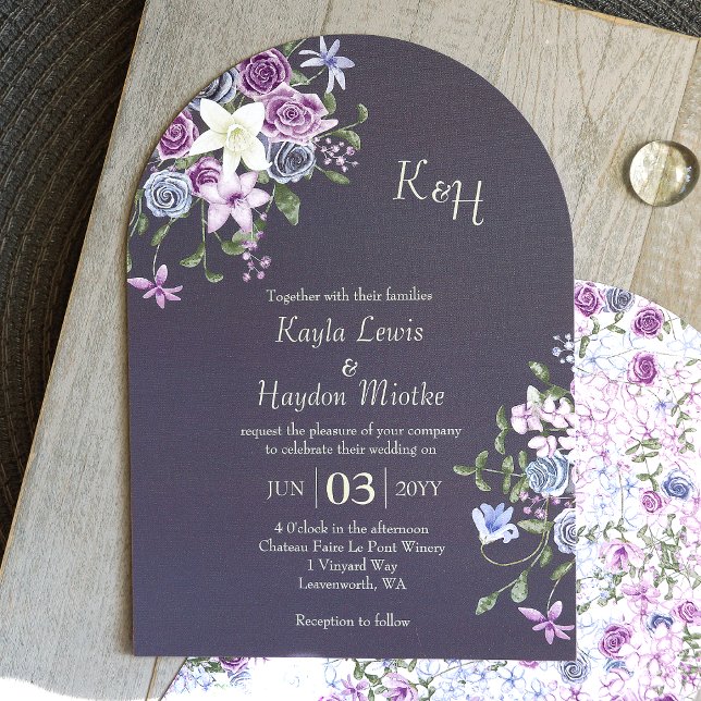 Convite Casamento com Cinza de Jardim de Rosa, Roxo Modern (modern arched slate gray lavender lilac purple blue roses boho wedding invitations bluish gray solid)