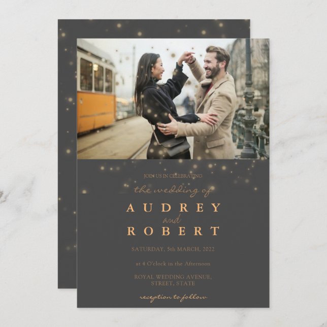 Convite Casamento com Cinza Glitter Dourada Chic (Frente/Verso)