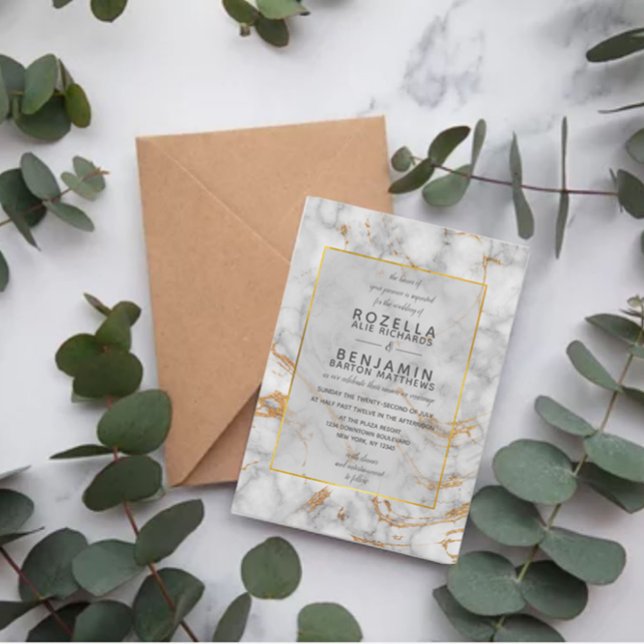 Convite Casamento com Cinzas Douradas de mármore e folhas  (Criador carregado)
