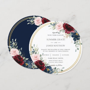 Convite Casamento com Círculo Dourado Floral Azul Blush A