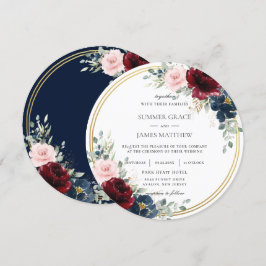 Convite Casamento com Círculo Dourado Floral Azul Blush Az