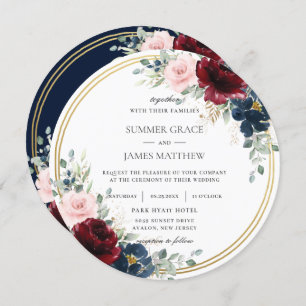Convite Casamento com Círculo Dourado Floral Azul Blush Az