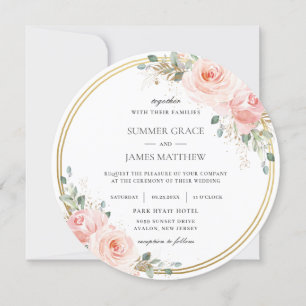 Convite Casamento com Círculo Dourado Floral Rosa-Elegant