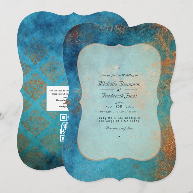 Convite Casamento com Códico QR de Grunge Cobre Patina e T (Frente/Verso)
