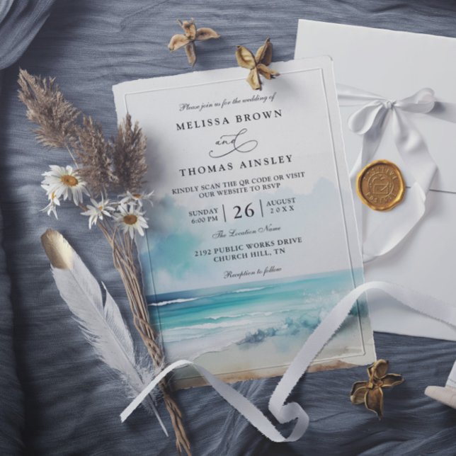 Convite Casamento com Código QR à Beira-Mar com Aquarela M (Criador carregado)