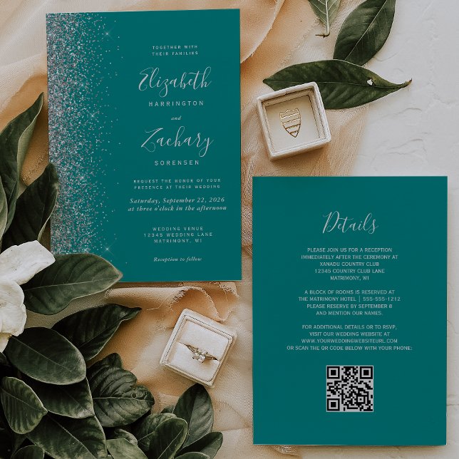 Convite Casamento com Código QR Azul de Teal Azul de Prata (Criador carregado)