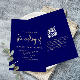 Convite Casamento com Código QR Azul do Marinho de Script 
