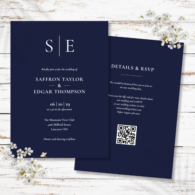 Convite Casamento com Código QR Azul e Dourado do Marinho  (Monogram Navy Blue And Gold QR Code Wedding Invitation)