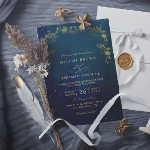 Convite Casamento com Código QR Azul Marinho e Verde Encan