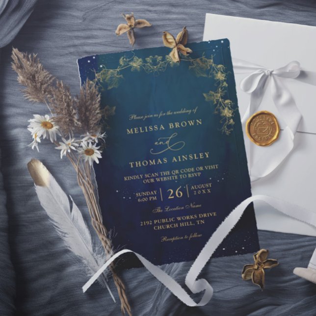 Convite Casamento com Código QR Azul Marinho e Verde Encan (Criador carregado)