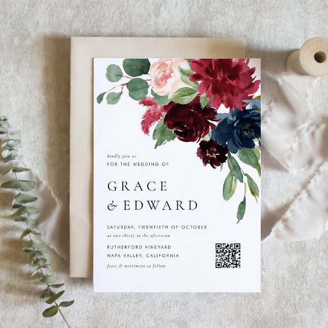 Convite Casamento com Código QR Botânico em Borgonha e Azu (A botanical QR code wedding invitation featuring watercolor burgundy and navy blue flowers. )