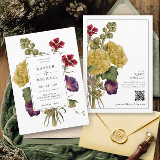 Convite Casamento com Código QR Botânico Floral Vintage Si