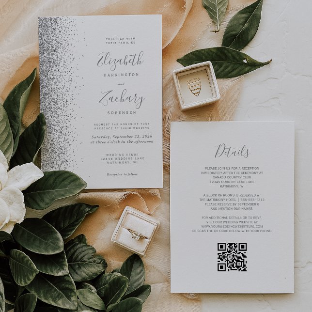 Convite Casamento com Código QR Branco da Glitter Moderna  (Criador carregado)
