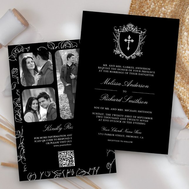 Convite Casamento com Código QR Católico Preto Vitoriano (Criador carregado)