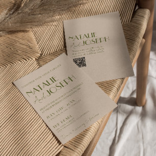 Convite Casamento com Código QR Chique em Verde Oliva Retr
