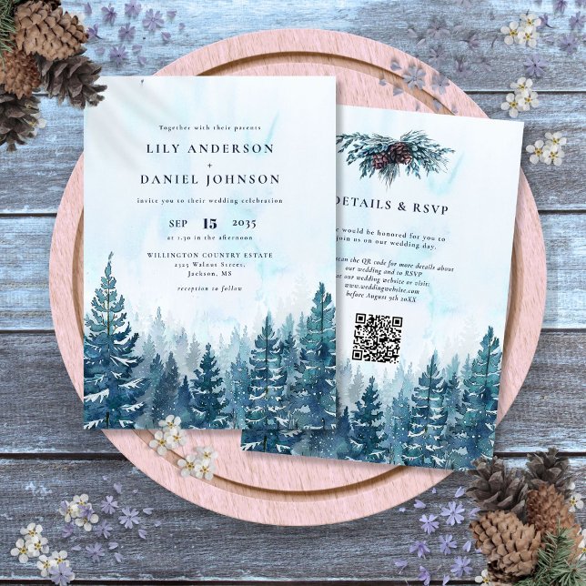 Convite Casamento com código QR da floresta de pinheiro de (Winter Watercolor Pine Tree Forest QR Code Wedding Invitation)