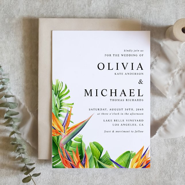 Convite Casamento com Código QR das Aves Aquáticas do Para (Watercolor Birds of Paradise QR Code Tropical Wedding Invitation)