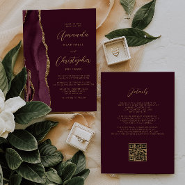 Convite Casamento com Código QR de Agate Dourado Burgundy