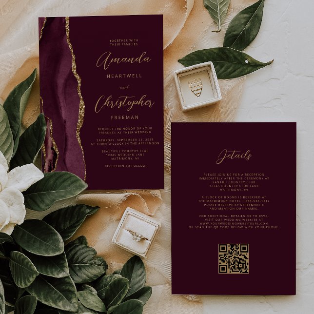 Convite Casamento com Código QR de Agate Dourado Burgundy (Criador carregado)