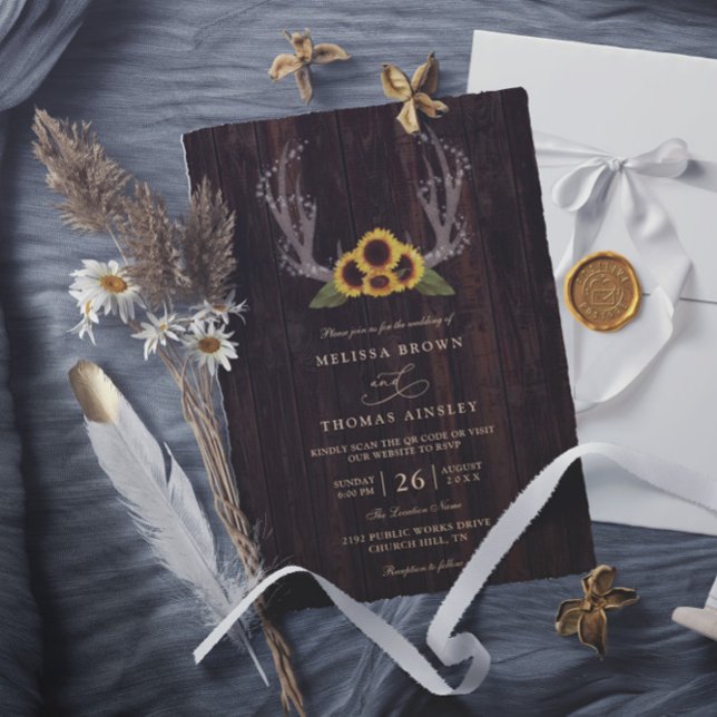 Convite Casamento com Código QR de Antílope e Girassóis no (Criador carregado)