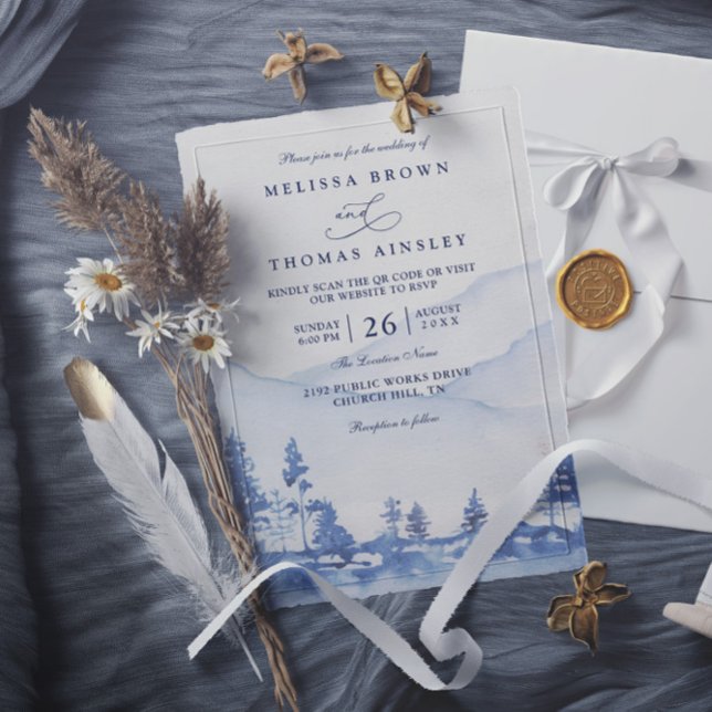 Convite Casamento com Código QR de Aquarela da Montanha Az (Criador carregado)