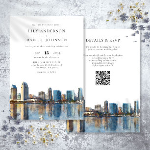Convite Casamento com Código QR de Aquarela da Silhueta de