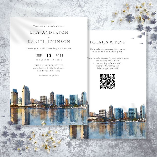 Convite Casamento com Código QR de Aquarela da Silhueta de (San Diego Skyline Watercolor QR Code Wedding Invitation)