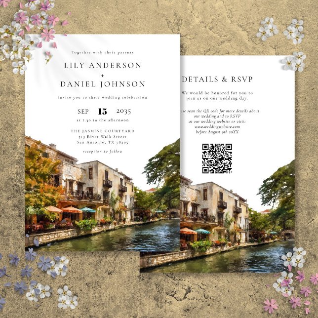 Convite Casamento com Código QR de Aquarela de San Antonio (San Antonio Watercolor QR Code Wedding Invitation)