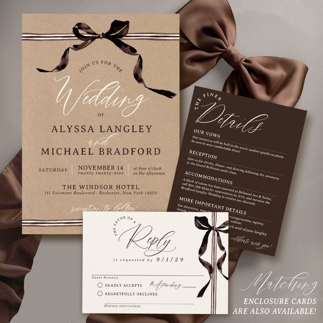 Convite Casamento com Código QR de Arco de Aquarela Marrom (Brown watercolor bow rustic kraft wedding invitation matching formal rsvp & details cards set )