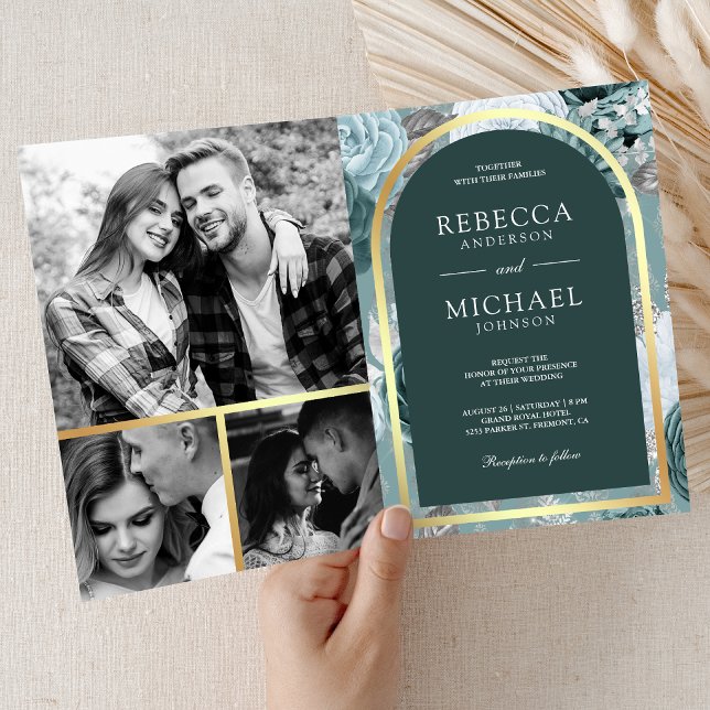 Convite Casamento com Código QR de Arco Floral Marinho Tea (Criador carregado)