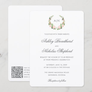 Convite Casamento com Código QR de Brasão Floral em Aquare