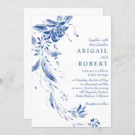 Convite Casamento com código QR de cobalto azul-floral