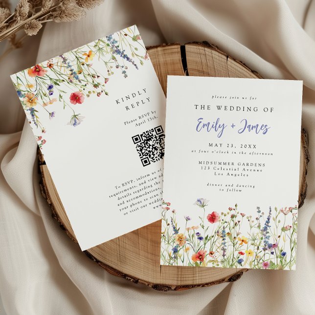 Convite Casamento com Código QR de Flor Silvestre de Prima (Criador carregado)