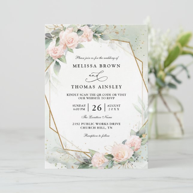 Convite Casamento com Código QR de Floral Verdejante Rosa  (Em pé/Frente)