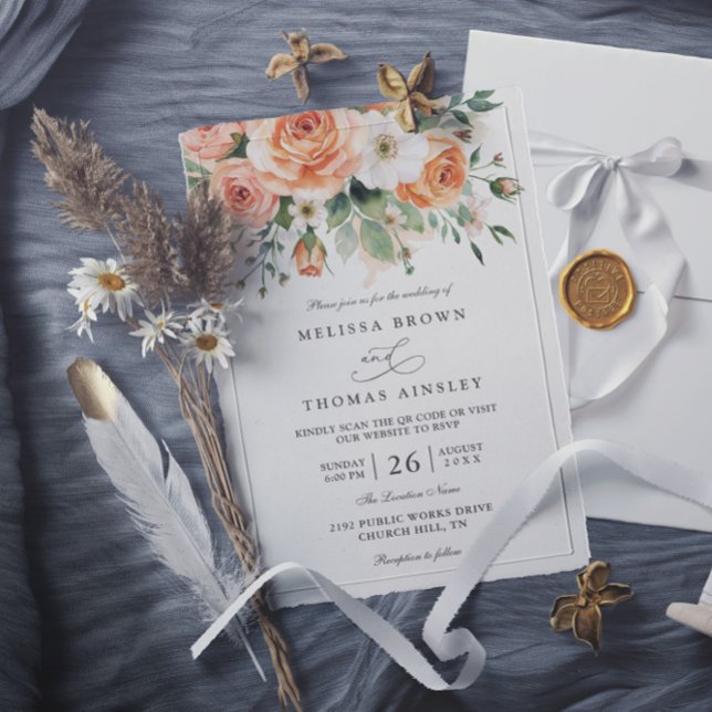 Convite Casamento com Código QR de Flores Brancas e Bege B (Criador carregado)