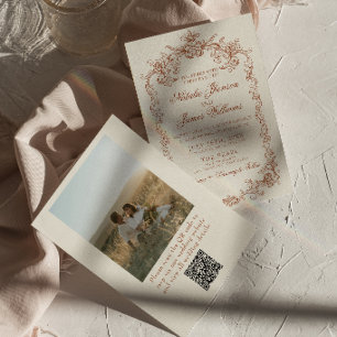 Convite Casamento com Código QR de Foto Antiga Laranja Que
