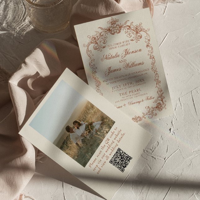 Convite Casamento com Código QR de Foto Antiga Laranja Que (Criador carregado)