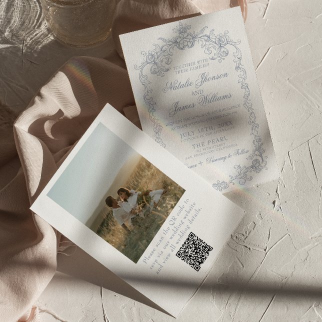 Convite Casamento com Código QR de Foto Azul Empoeirado An (Criador carregado)