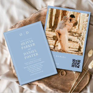 Convite Casamento com Código QR de Foto Azul Moderno Dusty