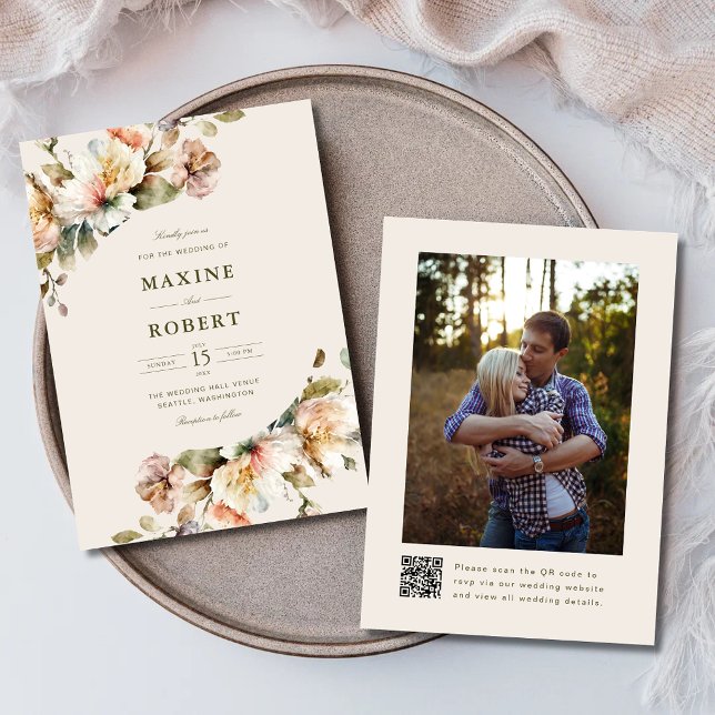 Convite Casamento com Código QR de Foto Botânica Floral El (Elegant floral botanical QR code photo wedding invitation with soft floral elegance.)
