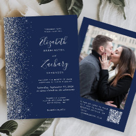 Convite Casamento com Código QR de Foto Brilho Azul Marinh