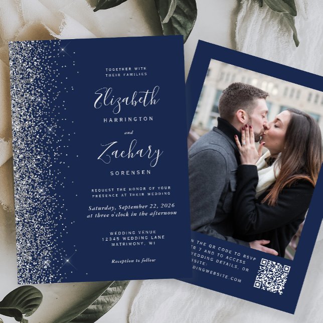 Convite Casamento com Código QR de Foto Brilho Azul Marinh (Criador carregado)
