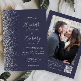Convite Casamento com Código QR de Foto Brilho Prata Azul 