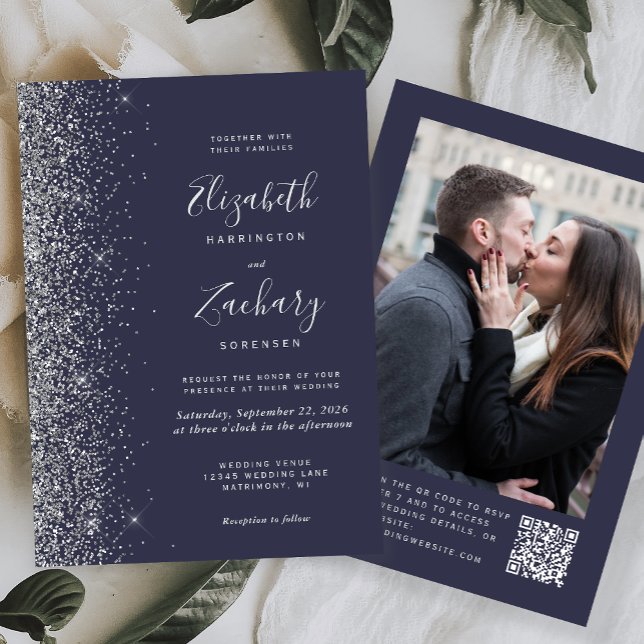 Convite Casamento com Código QR de Foto Brilho Prata Azul  (Criador carregado)