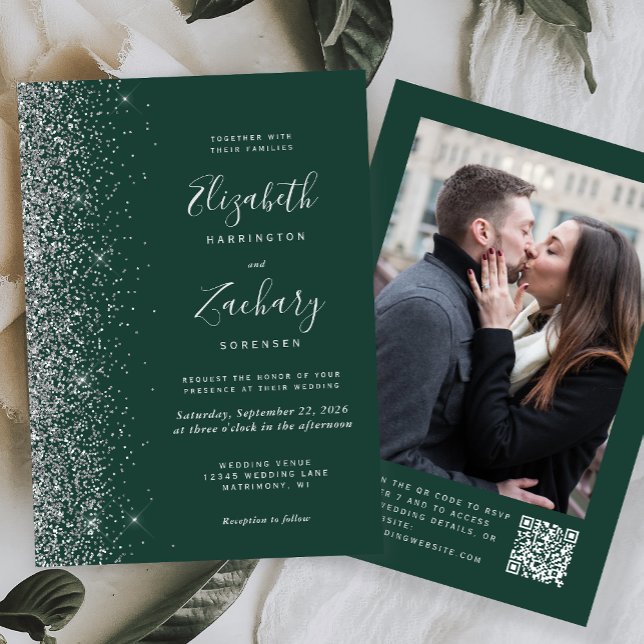 Convite Casamento com Código QR de Foto Brilho Prata Verde (Criador carregado)