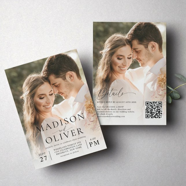 Convite Casamento com Código QR de Foto Clássico 2 Moderno (Criador carregado)