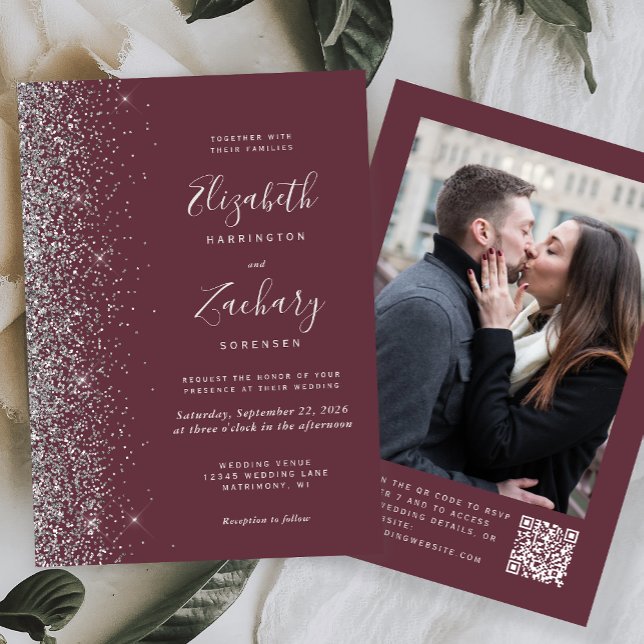 Convite Casamento com Código QR de Foto com Brilho Prata B (Criador carregado)