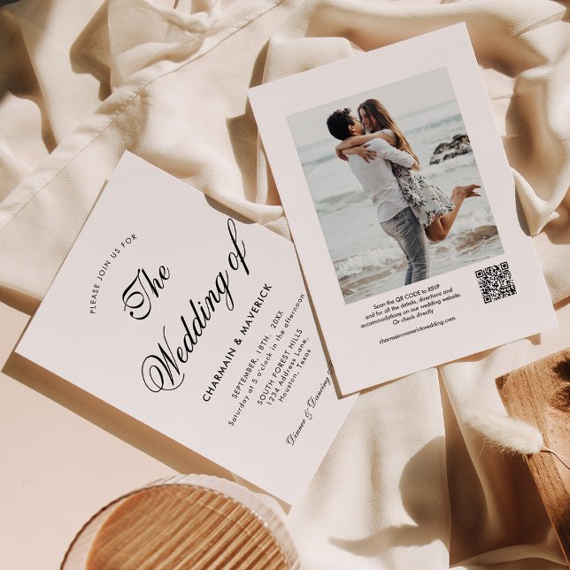 Convite Casamento com Código QR de Foto de Caligrafia Mode (Criador carregado)